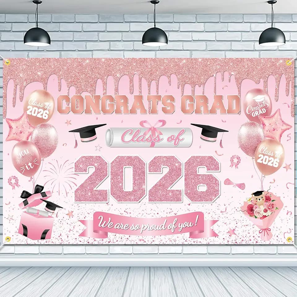 Class of 2026 Congrats Grad Backdrop Banner 71 x 45 Inch Large Size Graduation Background Banner Graduation Party Decorations 2026 Grad Photo Booth Props Pink Rose Gold