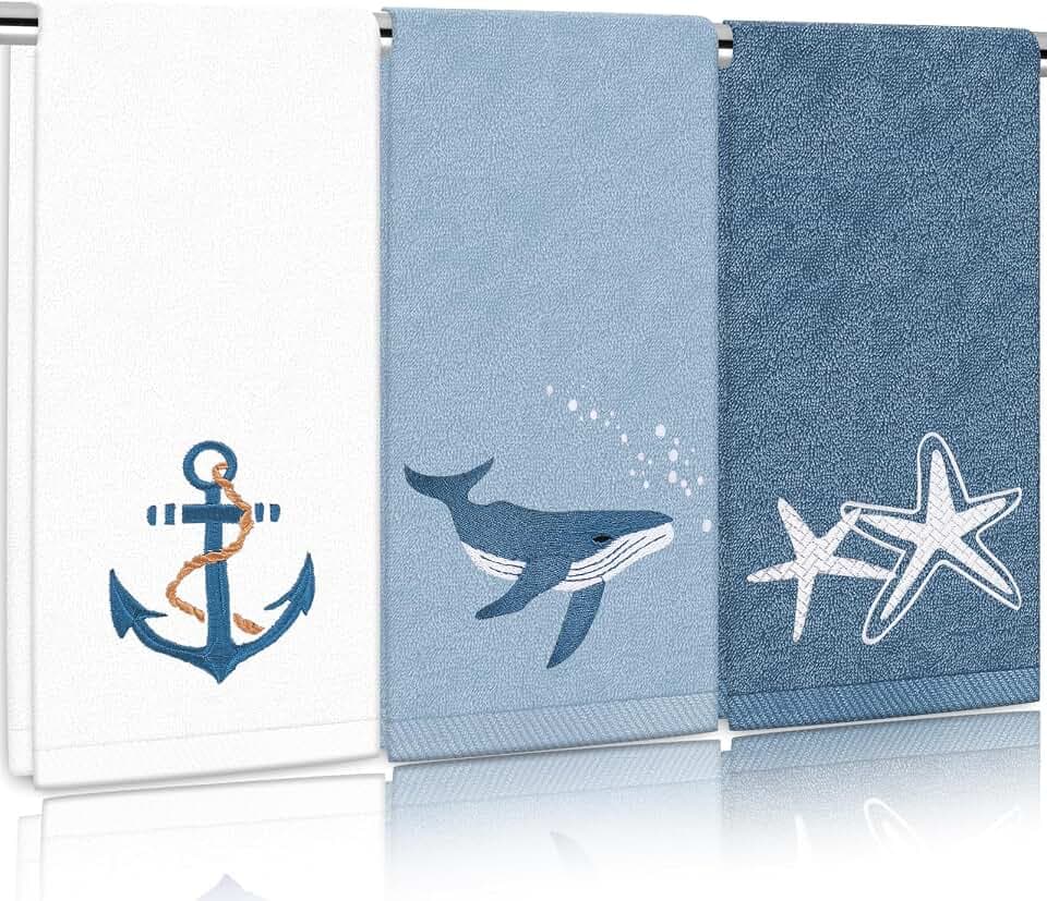FYSUIMU Bestickte Handtücher aus Baumwolle im maritimen Design mit Anker, Seestern und Wal, saugfähig, für Badezimmer, Händetrocknen, Reinigen und Küche, 75 x 35 cm, 3er-Set