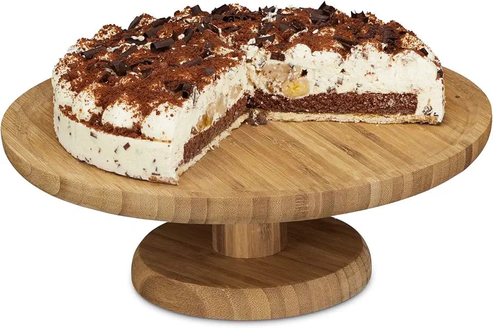 Relaxdays Tortenplatte rund, 33 cm, aus Bambus, mit Standfuß, H x D: ca. 11,5 x 33 cm, natur
