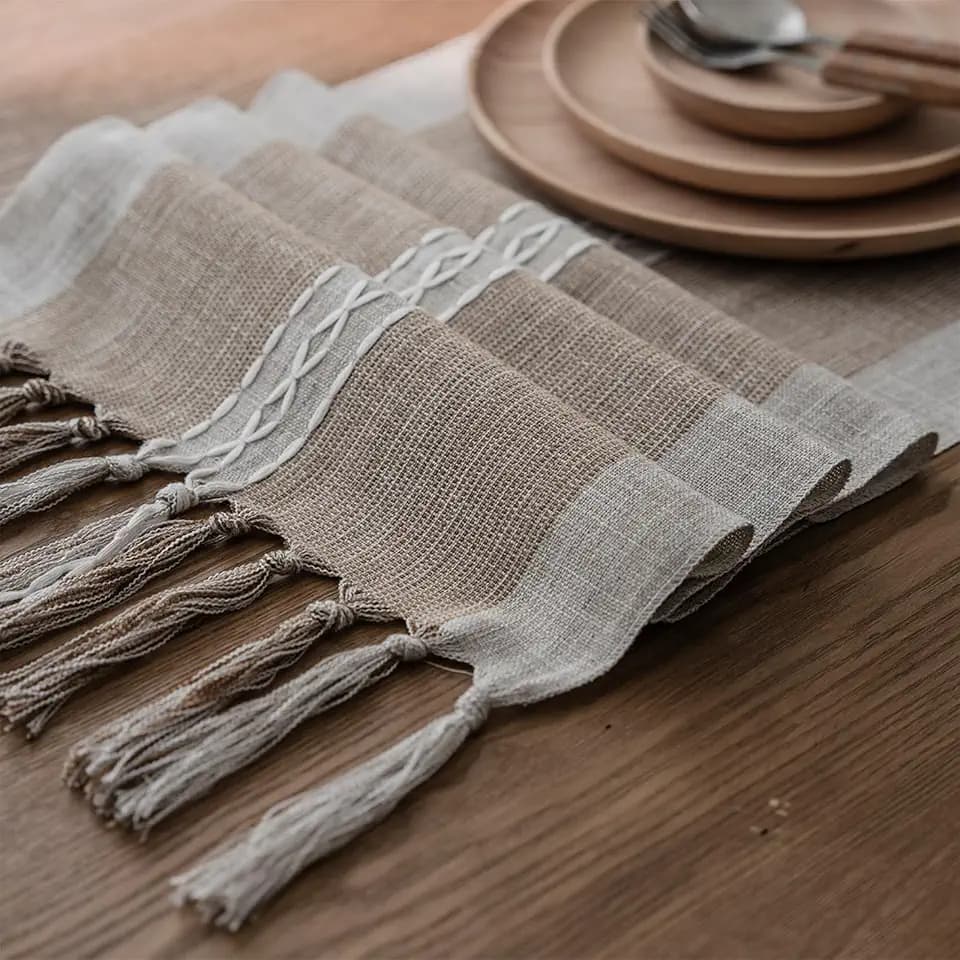 Niviy Farmhouse Table Runner Summer Decor, House Warming Gifts New Home, Embroidered Striped Braided Coffee Boho Table Runner, Farmhouse Table Decoration for Holiday Party 12 x 72 Inches