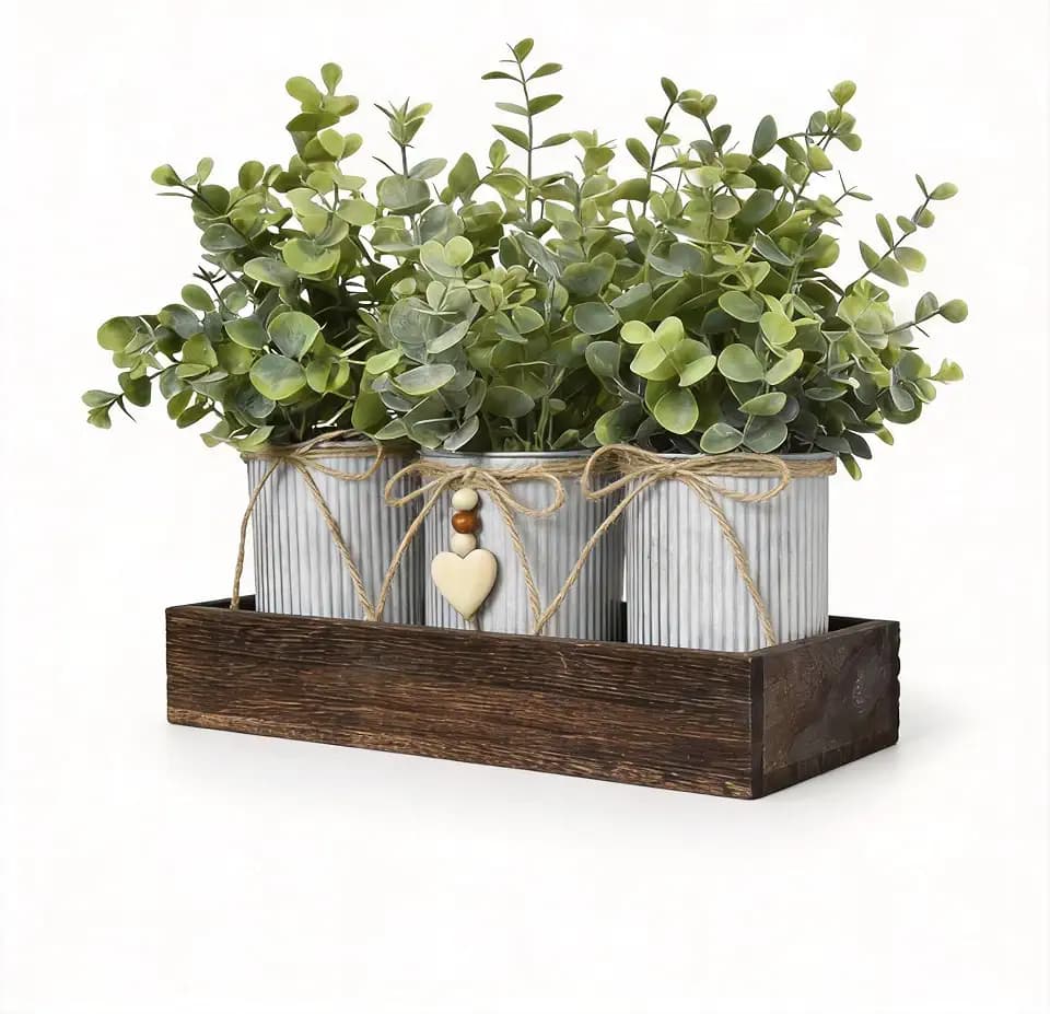 Rustic Farmhouse 3-Piece Artificial Eucalyptus Centerpiece – Wooden Tray with 3 Galvanized Metal Pots & Faux Greenery – Table Decor for Dining Room, Kitchen, Living Room, Bathroom, Office