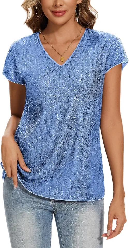 MINTLIMIT Womens Full Sequin Tops Glitter Party Cap Sleeve V-Neck Shirts