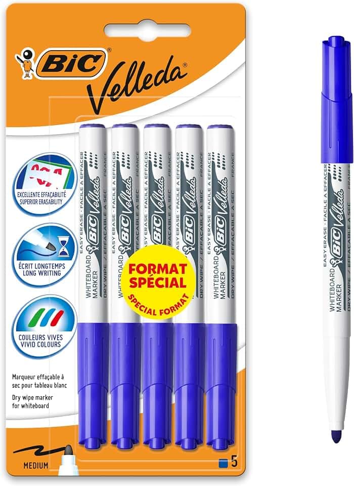 BIC Velleda 1741 Filzstifte für Whiteboards, trocken abwischbar, mittlere konische Spitze, Blau, 5 Stück