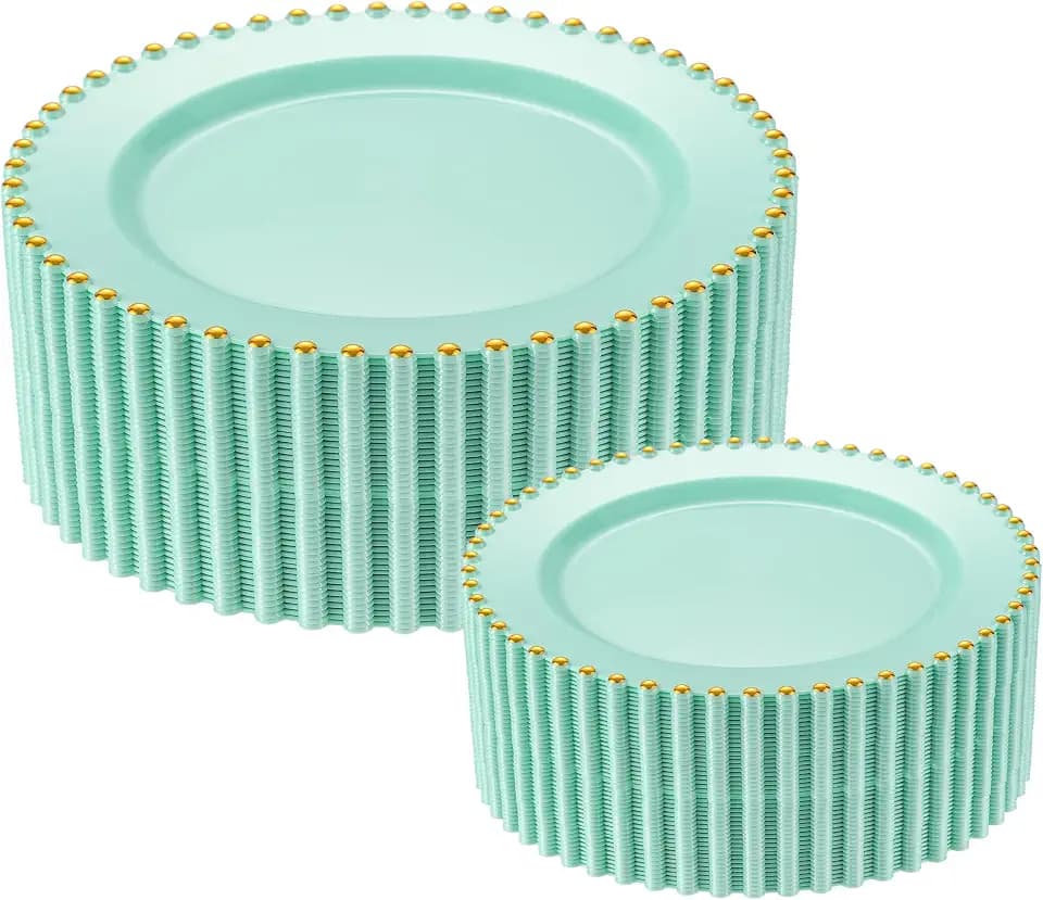 80pcs Sage Green Plastic Plates with Gold Rim, Fancy Disposable Party Plates, 40 Dinner and 40 Dessert Plate for Easter Party, Baby Shower, Wedding, Beaded Plate
