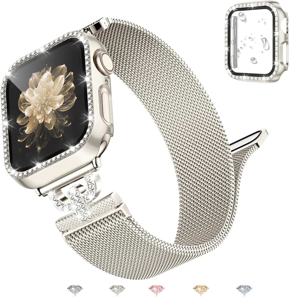 Metall Armband Kompatibel Mit Apple Watch 44mm 45mm 42mm 40mm 41mm 38mm, Diamant Glitzer Displayschutz Hülle 44mm, Magnetisch Edelstahl Metall Damen für iWatch 9 8 7 6 5 4 3 2 1