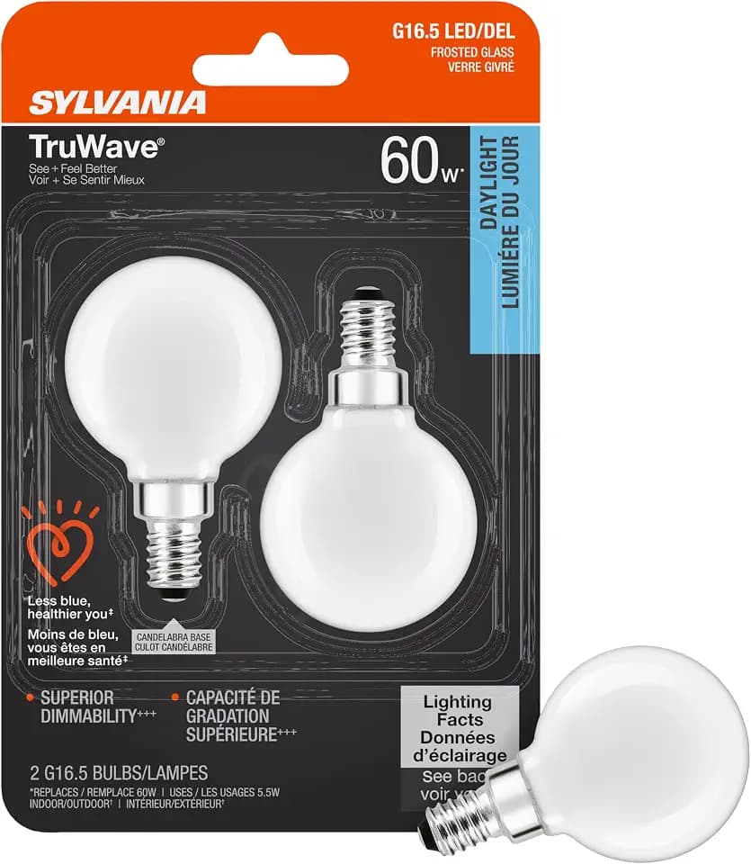 Sylvania LED TruWave Natural Series Décor G16.5 Light Bulb, 60W Equivalent Efficient 5.5W, Candelabra Base, Dimmable, Frosted, 5000K, Daylight - 2 Count (Pack of 1) (40801) Soft White