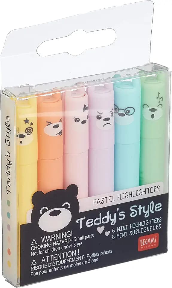 LEGAMI - Teddy's Style, 6er Set Mini Textmarker, 1x7,5 cm, Gelb, Pfirsich, Rosa, Lila, Hellblau, Hellgrün, Zum Unterstreichen und Hervorheben Mit Präzision