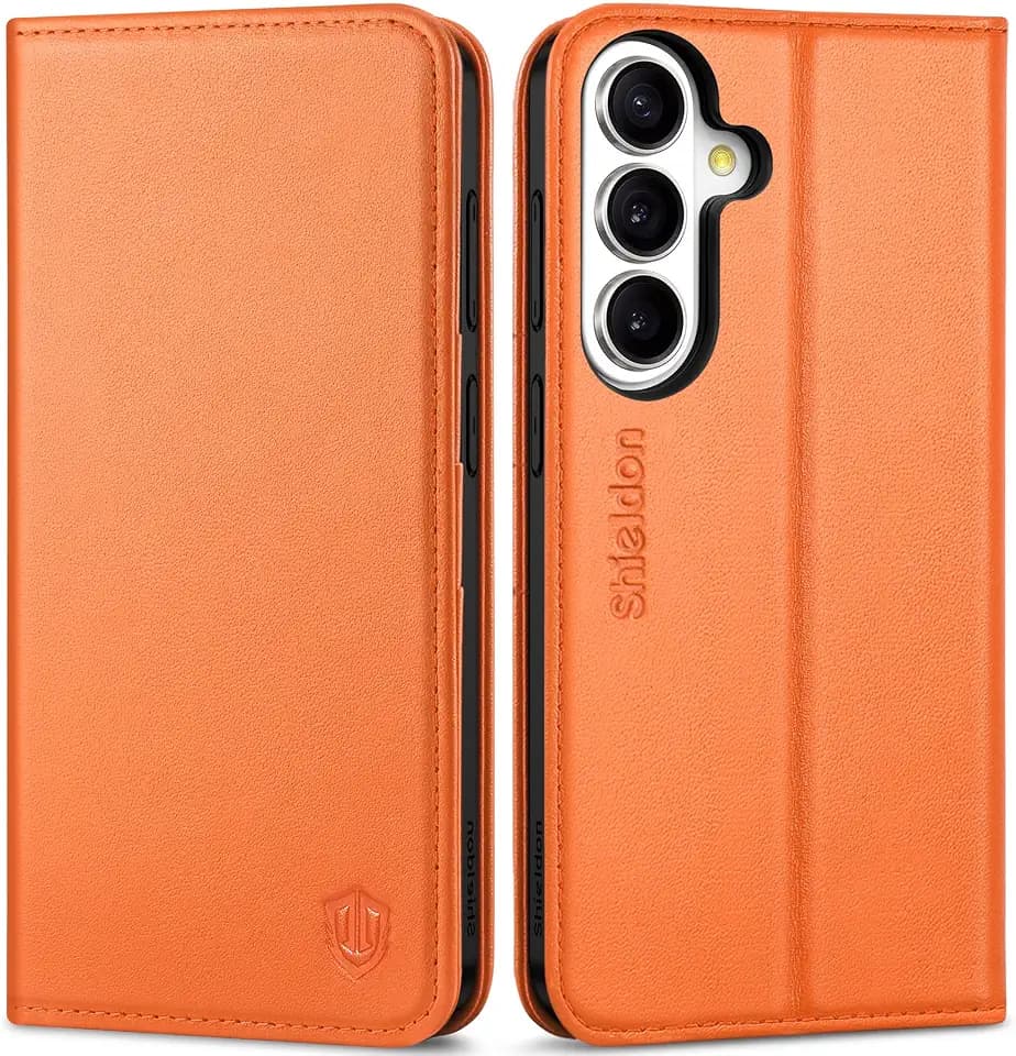 SHIELDON Genuine Leather Card Wallet Case for Galaxy S26 Plus 6.7", Orange