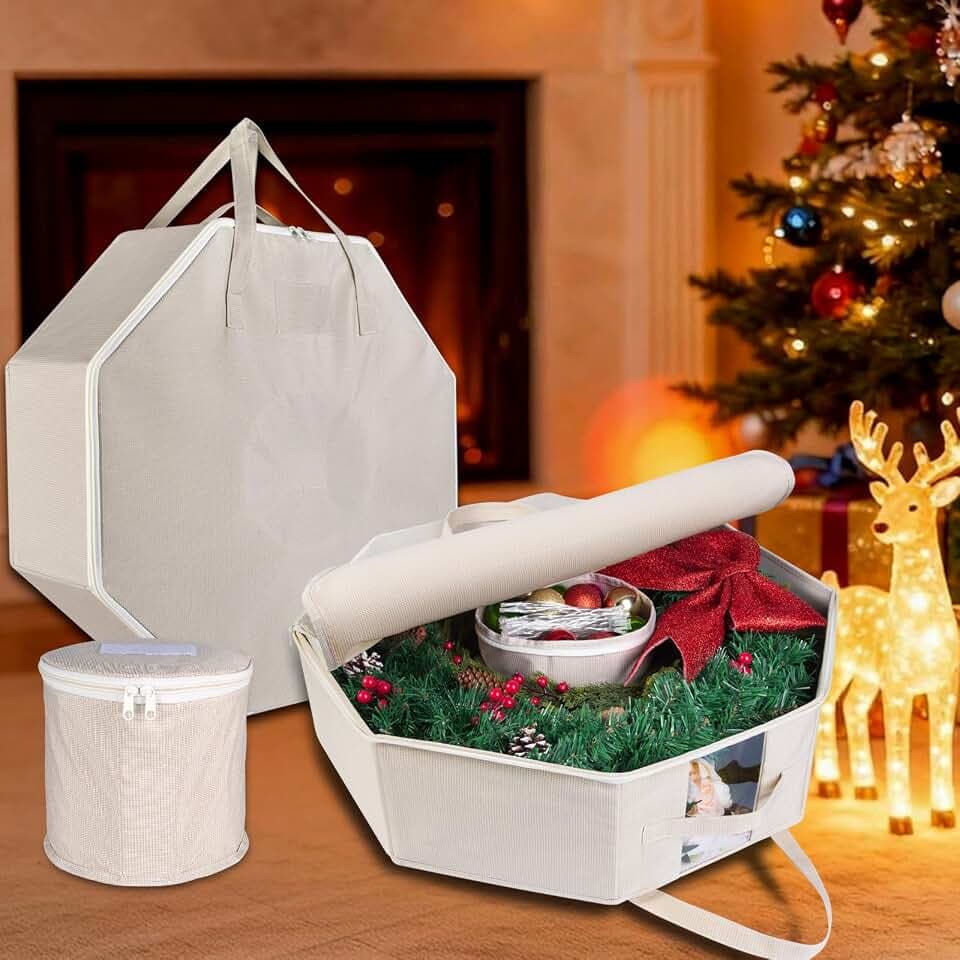 BrilliantJo 2 Pack Wreath Storage Hard Shell Christmas Decorations Case Bag with Interior Pockets 600D Oxford Fabric 24 Inch Xmas Container Box for Holiday Zipper Handles Label Card Slot Houndstooth
