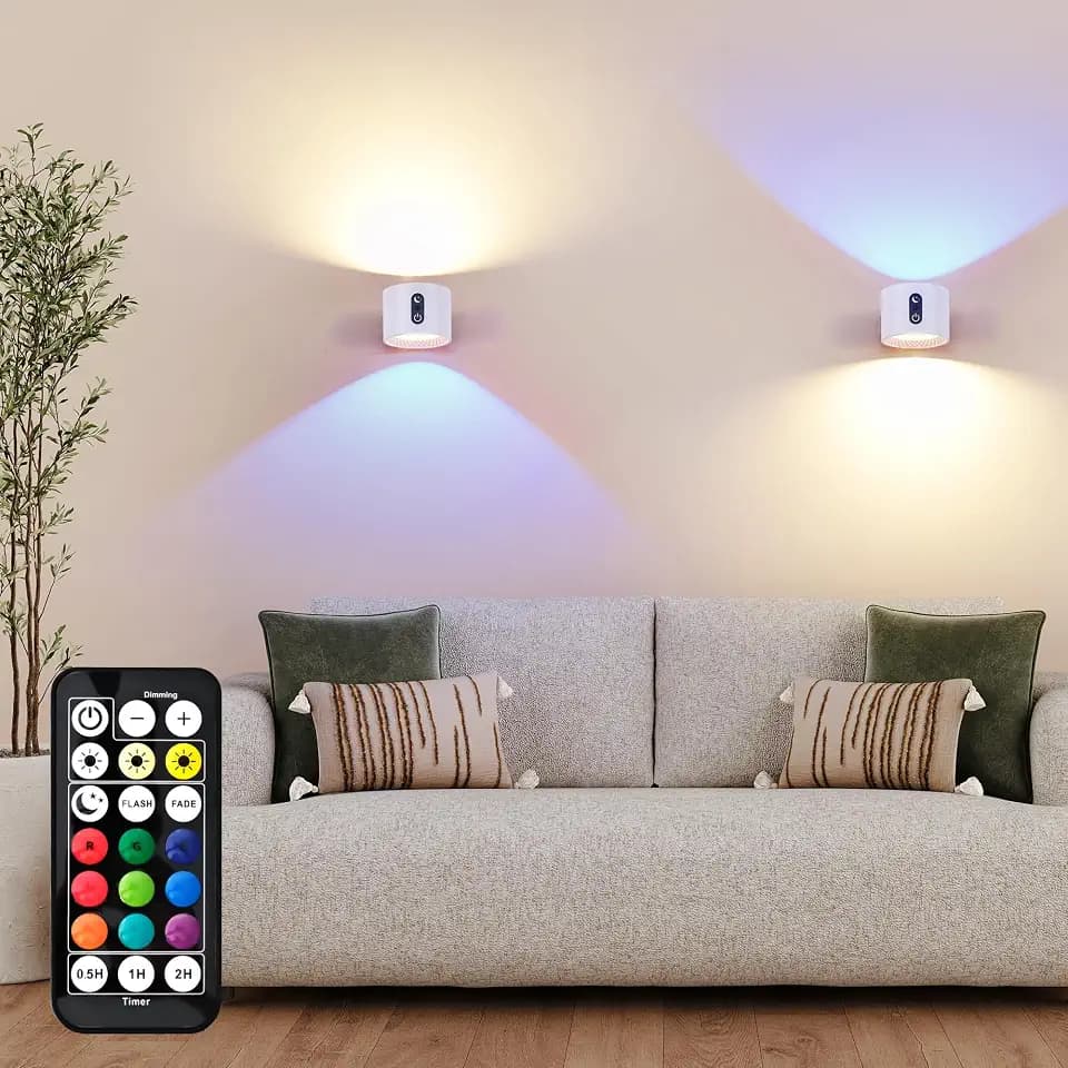 2er LED Wandleuchte Innen Akku – Kabellos RGB Wandlampe Weiß – Touch Dimmbar mit Fernbedienung – Aufladbar Spots zum Kleben Ohne Bohren Ohne Strom für Bett Treppenhaus Bild AURI WL01