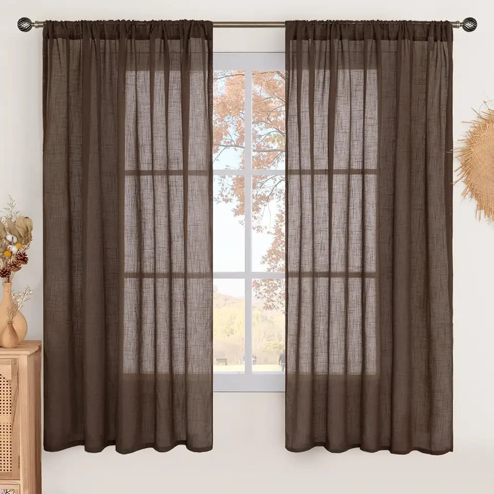 BGment Brown Linen Curtains 63 Inches Long for Living Room, Semi Sheer Window Drapes Rustic Textured for Farmhouse Beroom Dining Room Decor Rod Pocket Lightweight, 2 Panels Set, Each 52 Inch Wide