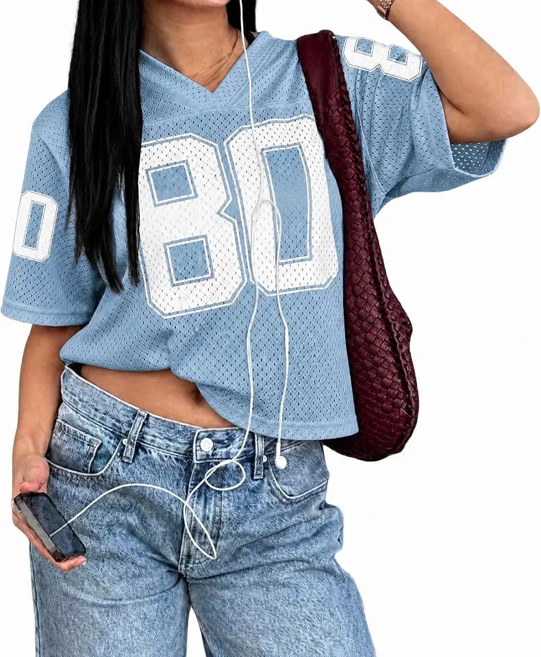 Pairxily Jersey Shirts for Women Oversized Graphic Tees Cute Number Jerseys Shirt for Teens Girls V Neck Y2k Streetwear Tops