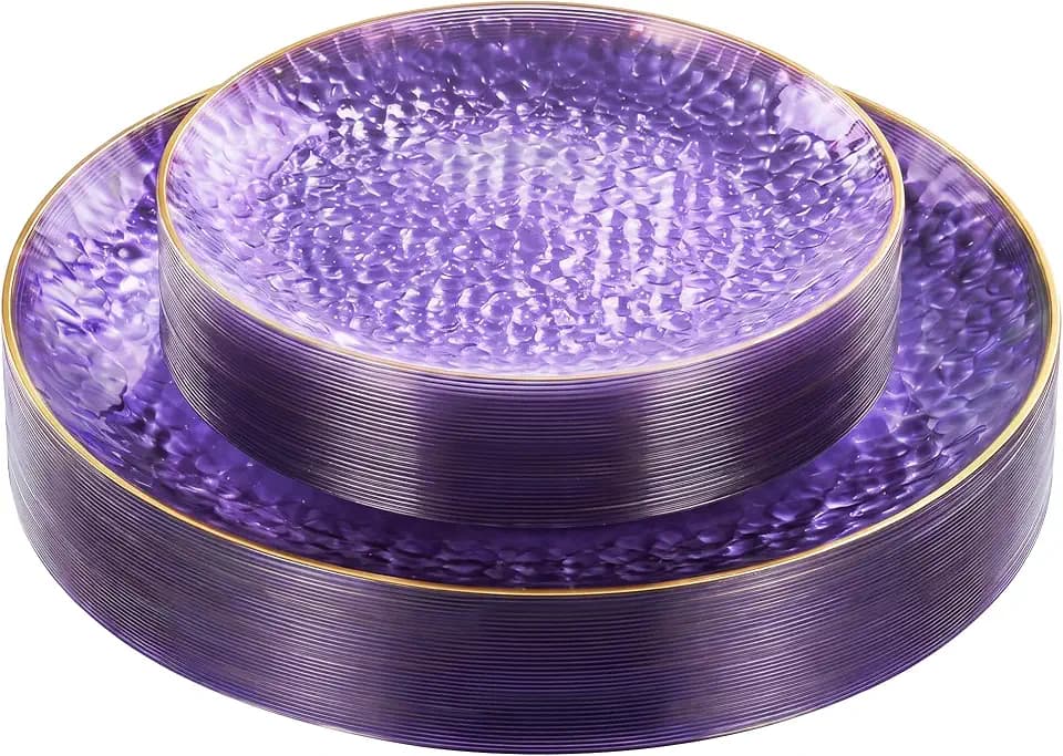 realluck 50Pcs Clear Purple Plastic Plates with Gold Rim