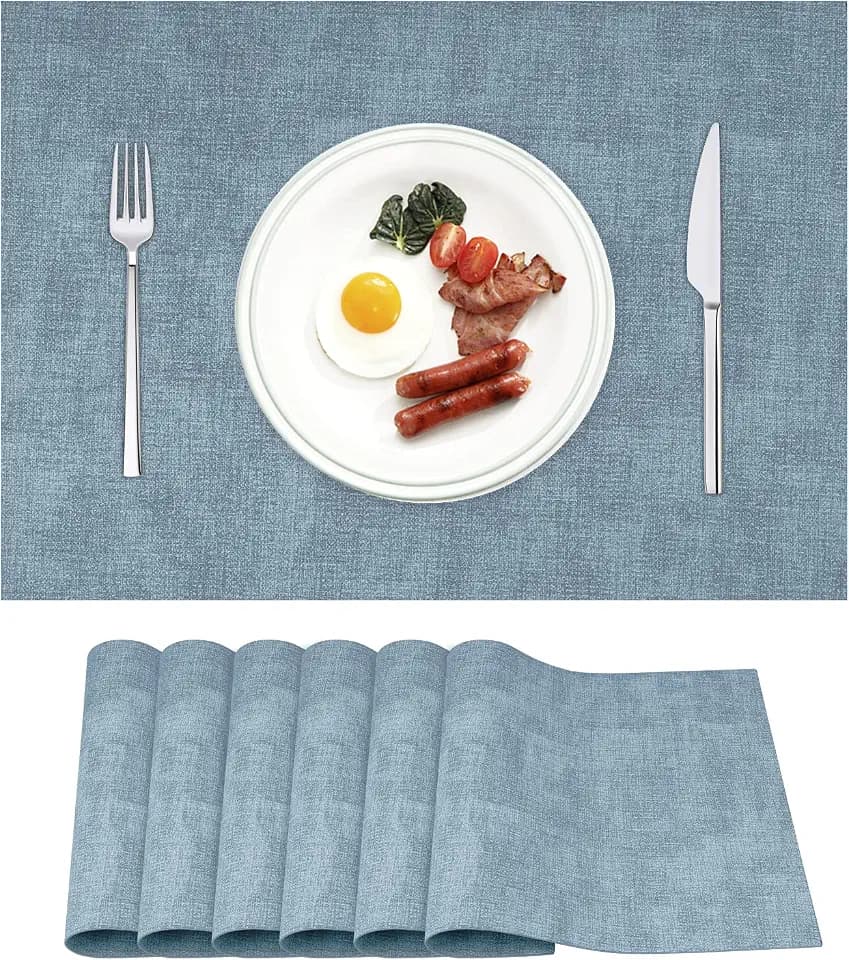 Leather Heat Resistant Placemats Set of 6 Waterproof Wipeable Washable PU Table Mats,Easy to Clean Anti-Slip Place Mats (Blue, 6)