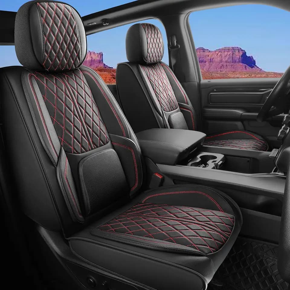 Car Seat Cover Custom Fit for Dodge Ram 1500 2500 3500 2002-2026 Faux Leather Seat Cover Set Compatible with Crew Quad Regular Cab Pickup Truck Cushions (Black & Blue, Full Set, Flat Rear)