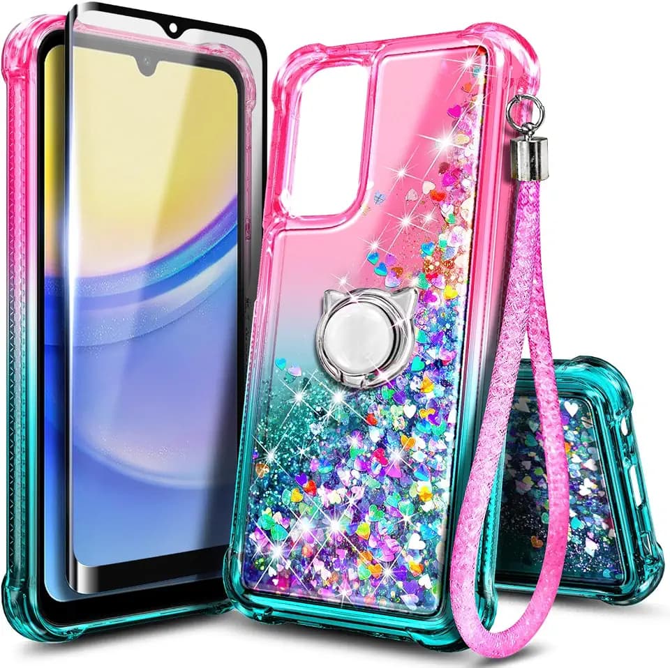 NZND for Galaxy A15 5G Phone Case, Cute Liquid Glitter, Pink/Aqua