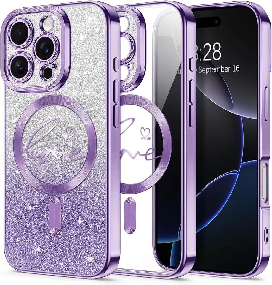 Hython for iPhone 16 Pro Case Glitter, Compatible with MagSafe Love Heart Magnetic Clear Phone Cases for Women Girls, Full Camera Protection Sparkle Plating Shockproof Protective Cover, Deep Purple