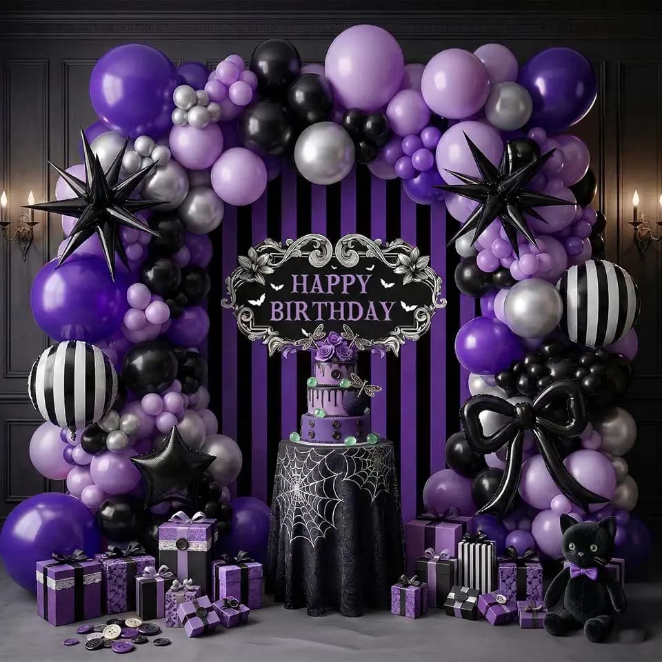 Purple Black Balloon Arch Garland Kit with Bow Star Mylar balloons and Gothic Birthday Backdrop Black white striped balloons for Gothic Girl TV Drama Decorations Spooky Halloween Party kpop Supplies