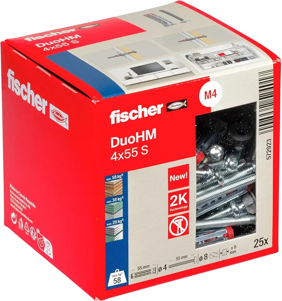 fischer Hohlraumdübel DuoHM 4 x 55 S TX, Plattendübel mit metrischer Panheadschraube und TX-Antrieb zum Befestigen von TV-Halterungen, Leuchten, Wandregalen, uvm. in Plattenbaustoffen, 25 Stück
