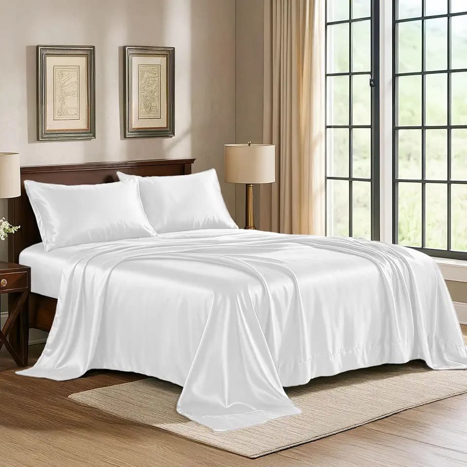 Satin Sheets Queen [4-Piece, White] Hotel Luxury Silky Bed Sheets - Extra Soft 1800 Microfiber Sheet Set, Wrinkle, Fade, Stain Resistant - Deep Pocket Fitted Sheet, Flat Sheet, Pillow Cases