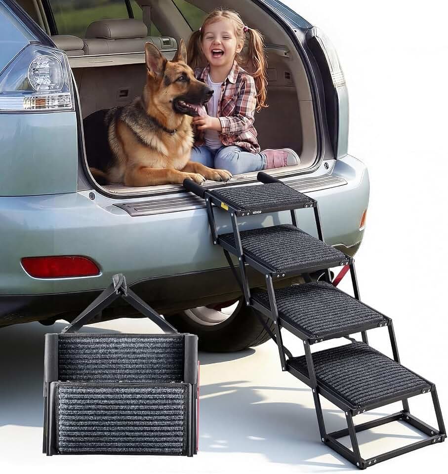 VEVOR Hundetreppe Auto Klappbar 4-Stufig, Extra Breite Hunderampe für Große Hunde mit Weichem Filzteppich, Tragbare Einstiegshilfe für Auto, SUV, LKW, Hochbett, Sofa, Tragkraft bis 90 kg