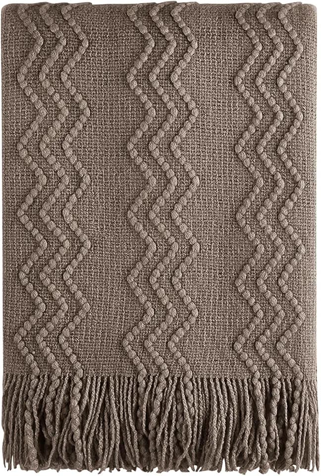 BOURINA Strukturierte, solide weiche Sofa-Überwurf, Couch-Überwurf, gestrickt, dekorative Decke, Braun, 127 x 152 cm