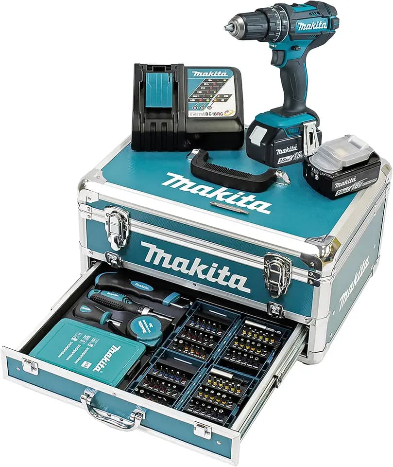 Makita DHP482RFX9 Akku- Schlagbohrschrauber 18 V, 3,0 Ah, 2 Akkus und Ladegerät, im Alukoffer, Petrol, 96 Tlg. Zubehör Set