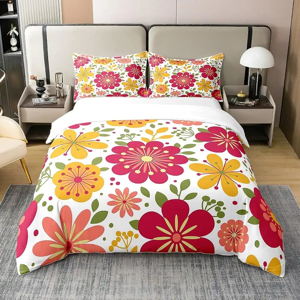 Hippie Blume 100% Baumwolle Bettwäsche Set 135x200,Bunte Groovy Florals Bettbezug Ästhetische Raum Dekor für Mädchen,Botanische Blüte Tröster Abdeckung Rosa Orange Boho Floral Bettdecke Abdeckung