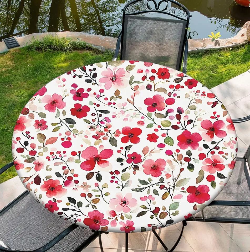 Round Fitted Tablecloth with Elastic Edge Floral Tablecloth 60" Reusable Watercolor Flower Round Table Cover for Indoor Outdoor 54"-58"