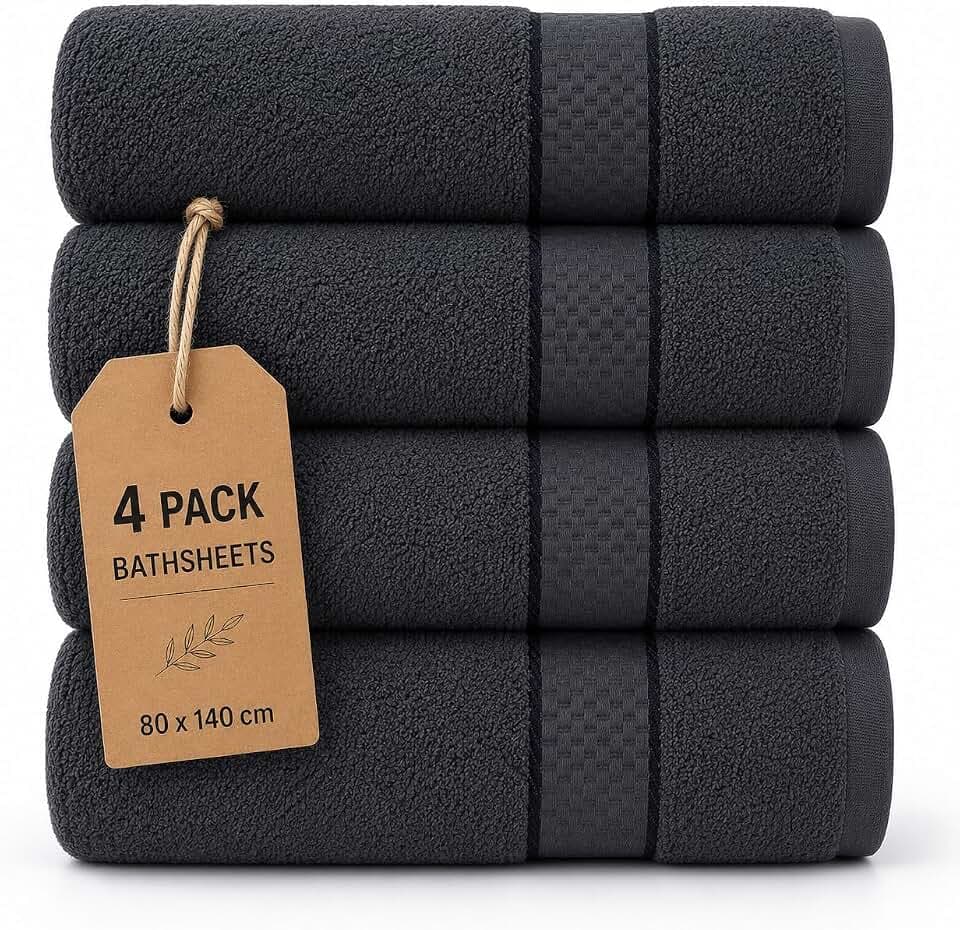 Casabella Jumbo-Badetücher aus 100% ägyptischer Baumwolle, groß, 4 Stück, Schwarz