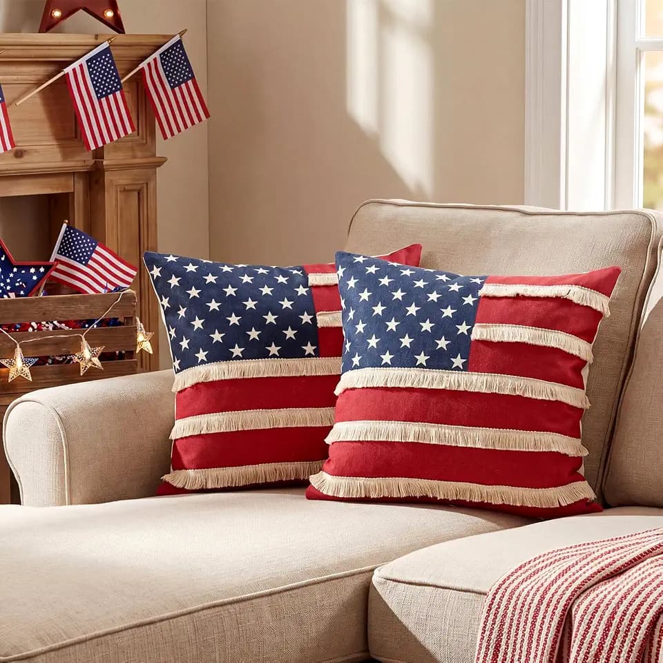 Breling 2 Pcs 4th of July Patriotic Pillow Covers 18 x 18 Inch Rustic Red White Blue Flag Throw Pillow Cover 250th Anniversary Independence Day Memorial Day Cushion Case with Fringe for Sofa Couch