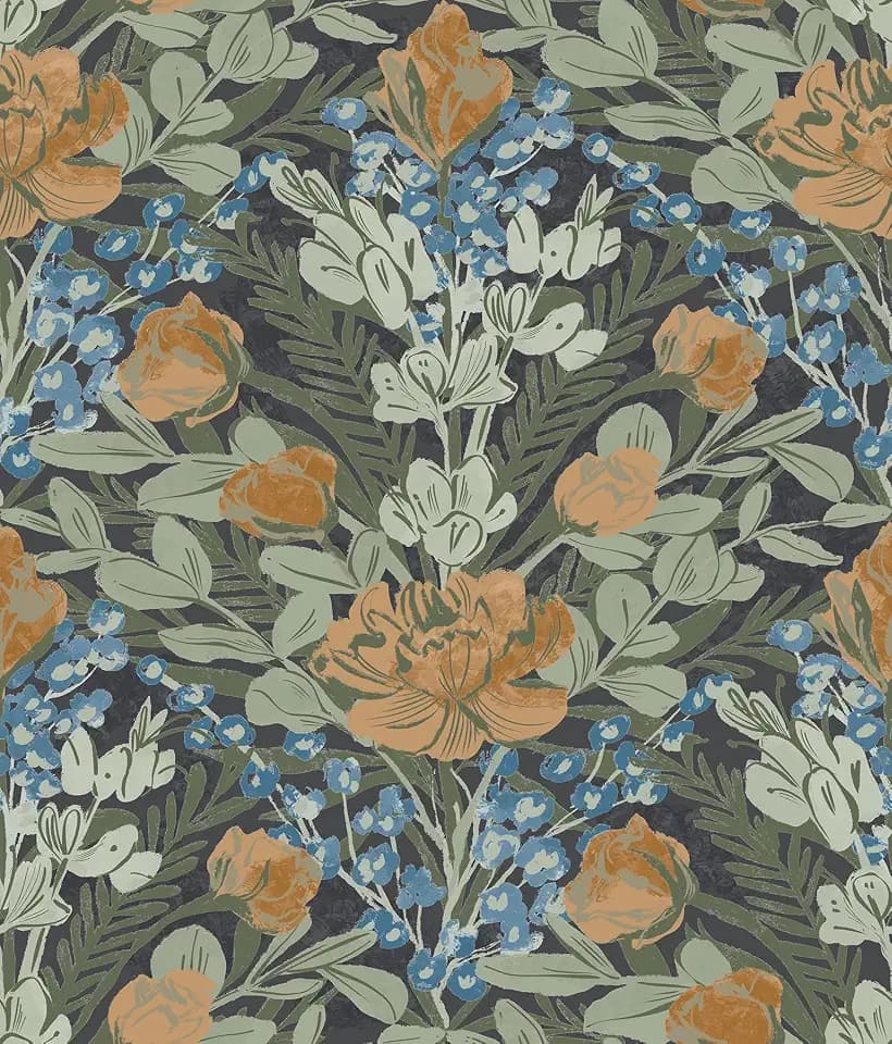 By Dylan M Dark Multi Moody June Blooms Peel and Stick Wallpaper, Blue