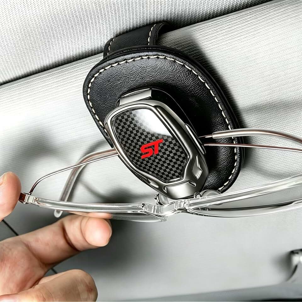 Sunglasses Holder,Leather Glasses Holders Compatible with Ford ST Sun Visor,Eyeglasses Hanger and Ticket Card Clip Eyeglasses Mount for Car,for Accessories,Black