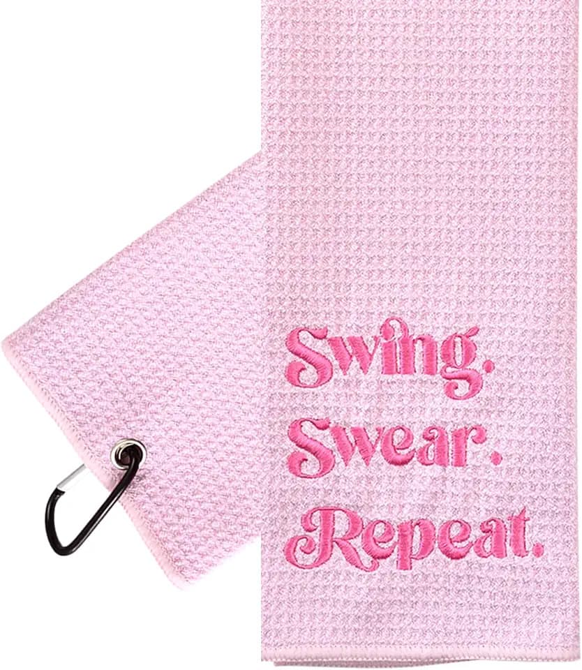ZEETY Pink Golf Towel for Women, Swing Swear Repeat, Microfiber with Clip