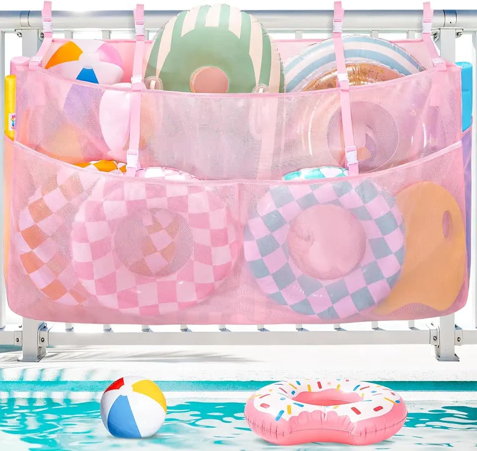 Tagitary Large Storage Bags for Pool Floats Noodles Swimming Beach Toys Organizers and Storage Adjustable for Fence Hanging, Outdoor Patio Backyard Camping Moving Bags, Only 1 PCS Pink Mesh Bag