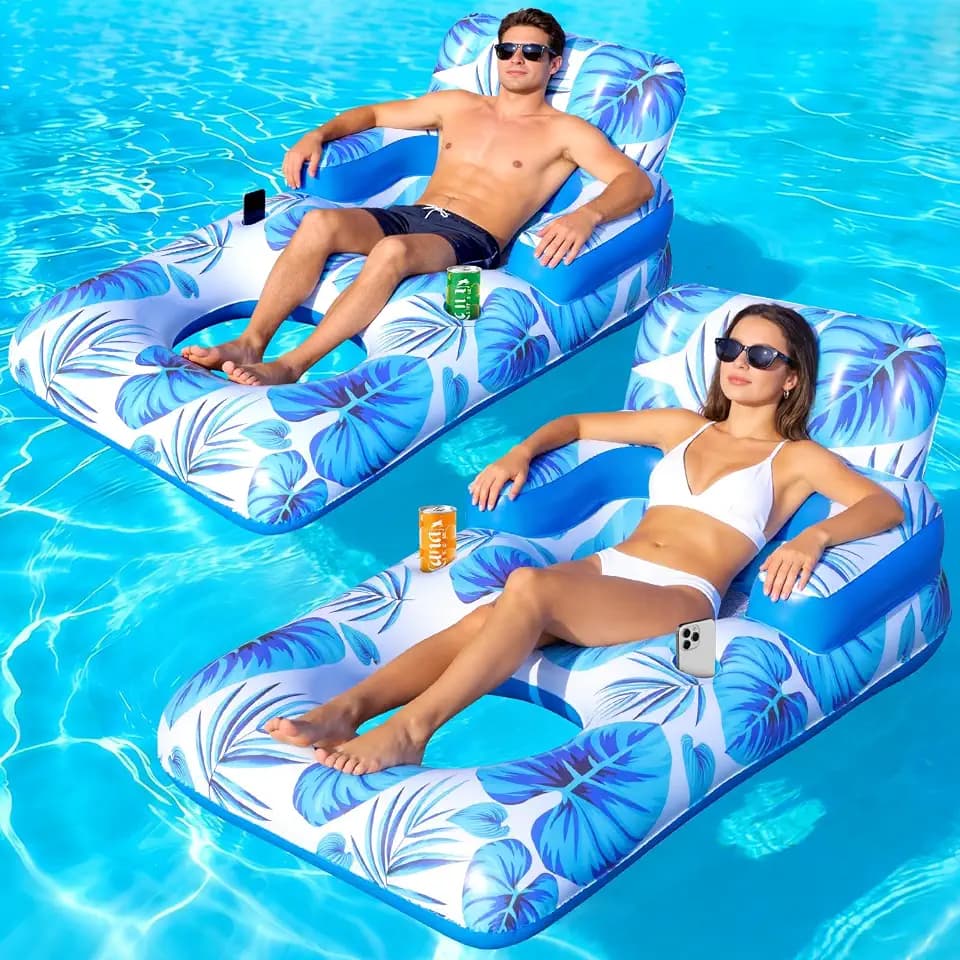 Pool Floats Adult, 65" Thicken PVC Inflatable Pool Float Lounger Rafts with Cup & Phone Holder & Headrest Backrest Footrest, Comfort Pool Floaties for Adults Lake Beach Party Outdoor