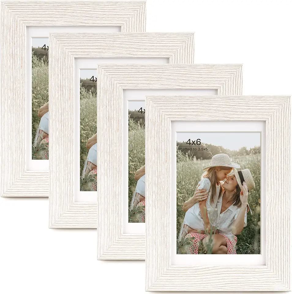 Momentworth 4x6 Picture Frame with Mat for 3.5x5, Rustic White Wood Grain Gallery Wall Picture Frames for Tabletop or Wall Mounting(4 Pack, White)