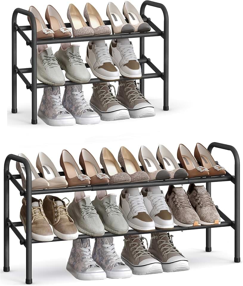 SONGMICS Expandable Shoe Rack, 2-Tier Metal Shoe Organizer, Holds 15 Pairs