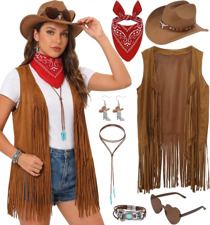 Western Cowgirl Outfits for Women Long Fringe Sleeveless Vest Retro 70s Cowboy Accessories Hippie Country Set 7PCS