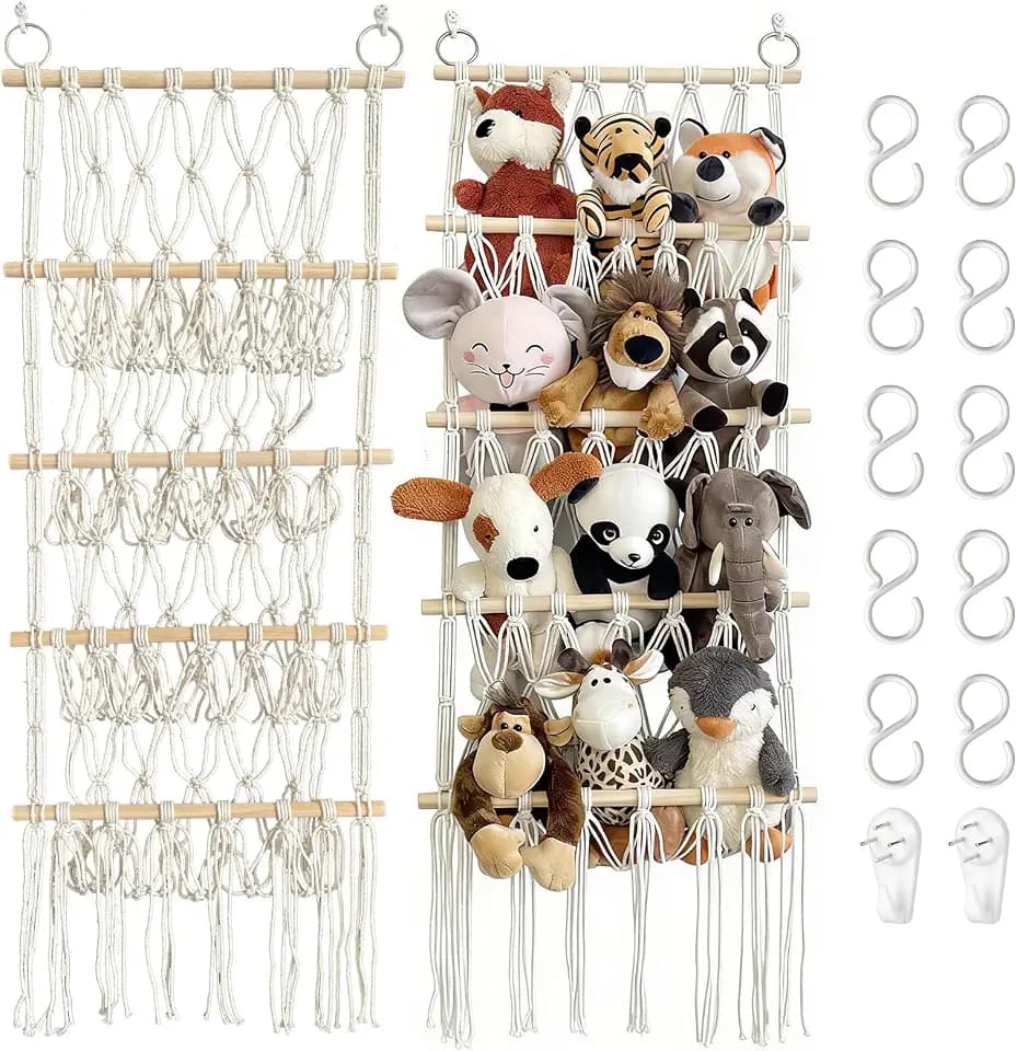 W&H Kuscheltier Aufbewahrung Netz, 4-Stöckig Stofftier Aufbewahrung mit Haken, Kuscheltier Hängematte zum Aufhängen, Boho Macramé Spielzeug Organizer für Kinderzimmer und Schlafzimmer (Beige)