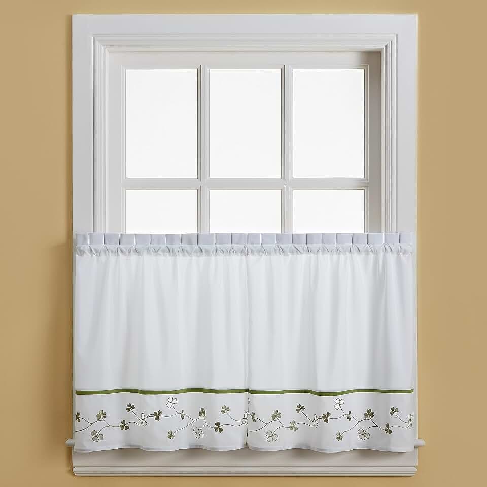 CHF Clover Embroidered Curtain Tier Pair, 29 x 36 in, Green White, 2-Piece