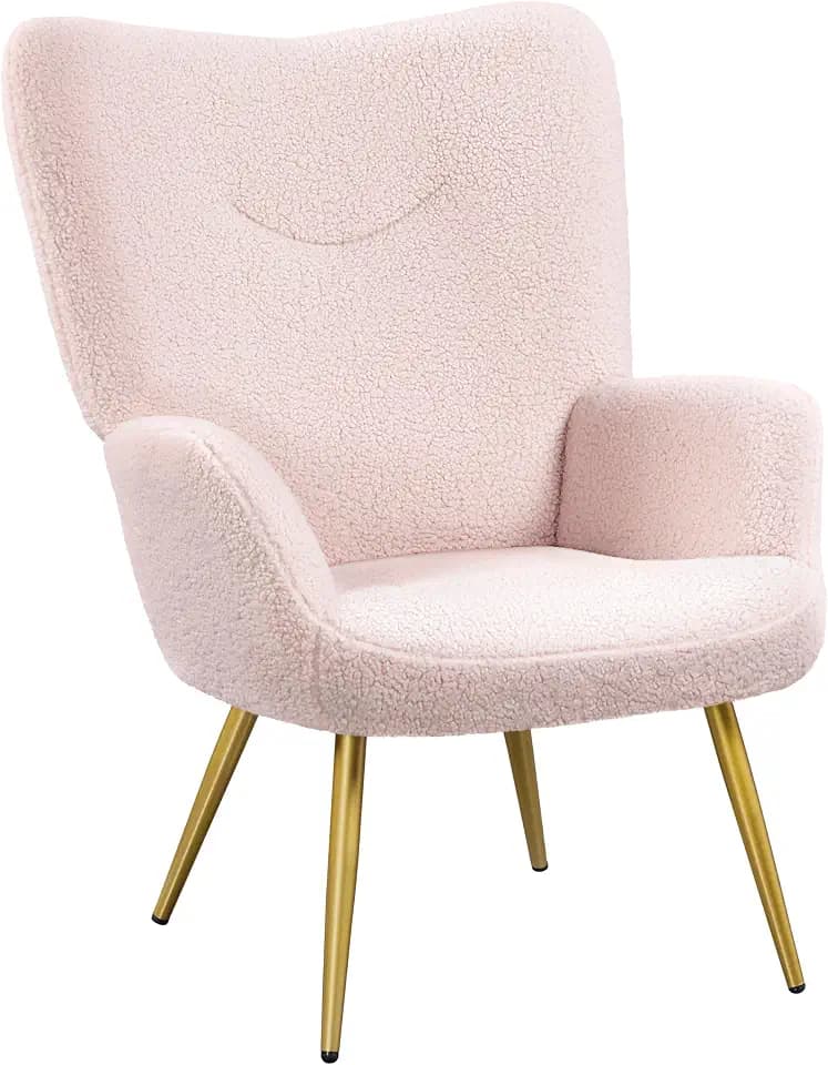 Yaheetech Ohrensessel Modern Sessel aus Bouclé-Gewebe Armsessel Lehnsessel Polsterstuhl bis 136 kg Belastbar Rosa