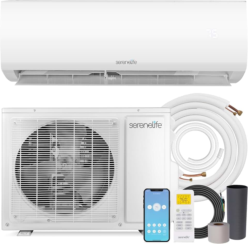 SereneLife Mini Split Air Conditioner, 4 Modes 9000 BTU 208V Ductless Air Conditioner with Heat Pump, Ultra Quiet, Works with Wi-Fi, Includes Full Installation Kit, 4-in-1 AC