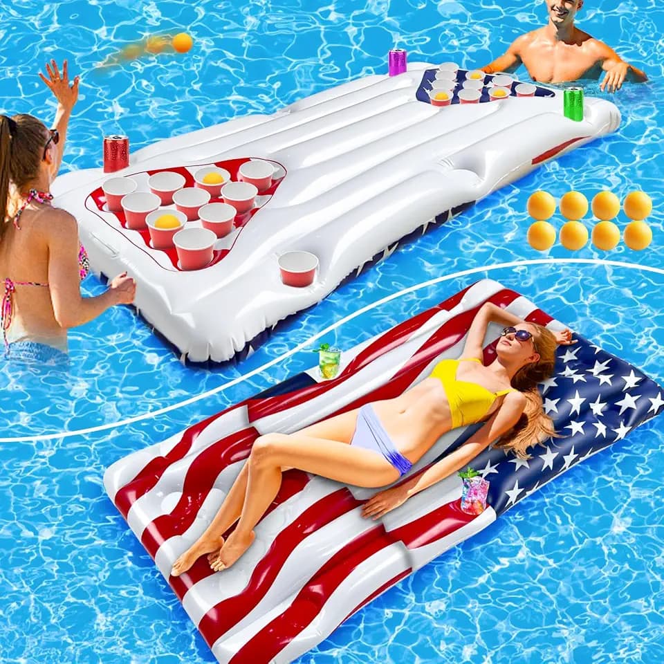 2 in 1 Patriotic Pool Float & Pong Toss Games Table with 8 Balls (No Cup)