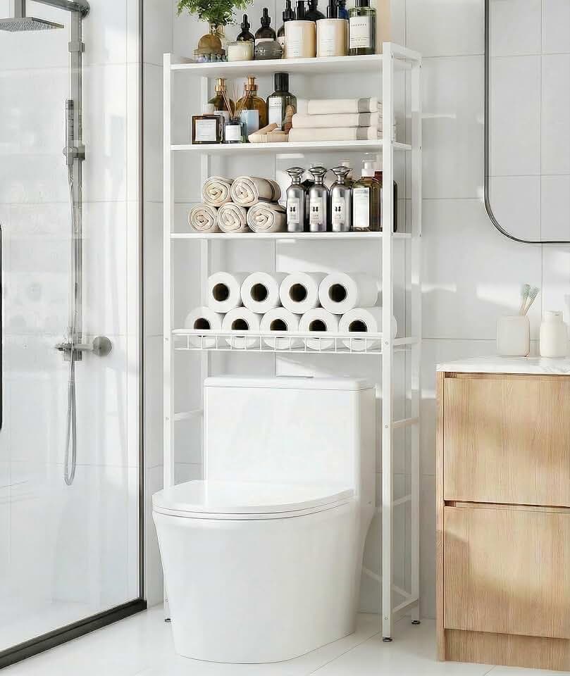 4-Tier Over-the-Toilet Storage Rack with One-Piece Wooden Shelves & Open Net Basket, Bathroom Organizer with Adjustable Feet & Anti-Tip Kit, Space-Saving Toilet Shelf, White, 24.4" x 9.4" x 69.3"