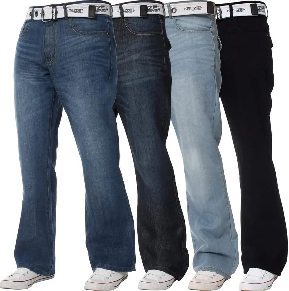 BRAND KRUZE für Herren Schlag Jeans aus 100% Baumwolle mit ausgestelltem weitem Bein, Gürtel, Reißverschluss 34W / 32L Mittlerer Stonewash