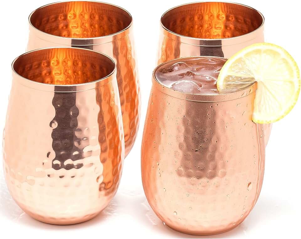 Copper wine glasses set of 4 – 17oz gleaming 100% solid hammered copper stemless wine cups – Valent for men and women – great copper tumblers for red or white wine and Moscow mules.