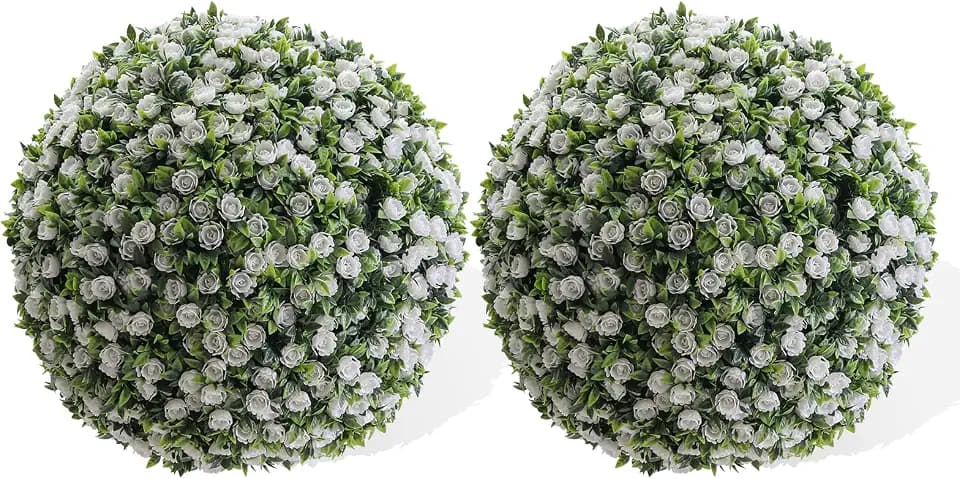 GarveeHome 20.8 in Artificial Topiary Balls 2PCS, Flower Topiary Ball Decorative Balls for Outdoor Patio Garden and Indoor, Wedding Decoration, White