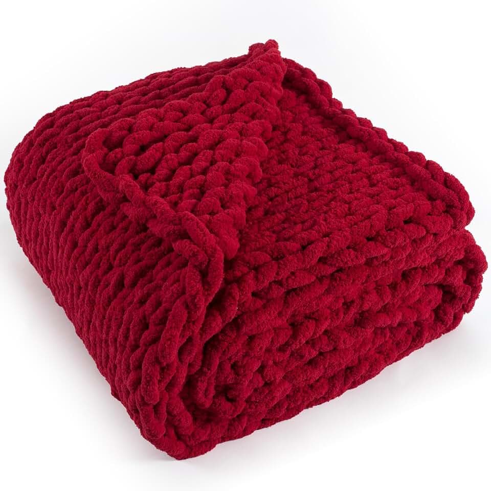 Chunky Knit Throw Blanket 50x60, 100% Handmade Chenille Yarn
