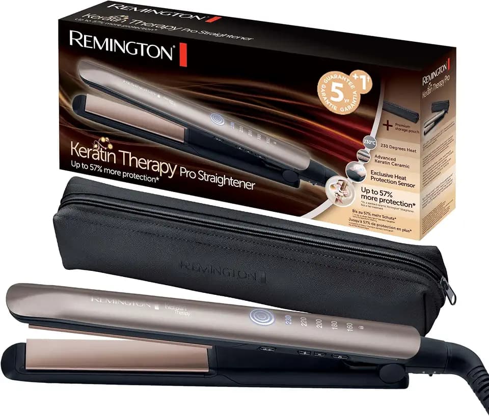 Remington Glätteisen Profi [Hitzeschutzsensor um Haarschäden zu verringern] Keratin Protect (hochwertige Keratin-Keramikbeschichtung mit Mandelöl) Digitales Display, 160-230°C, Haarglätter S8593